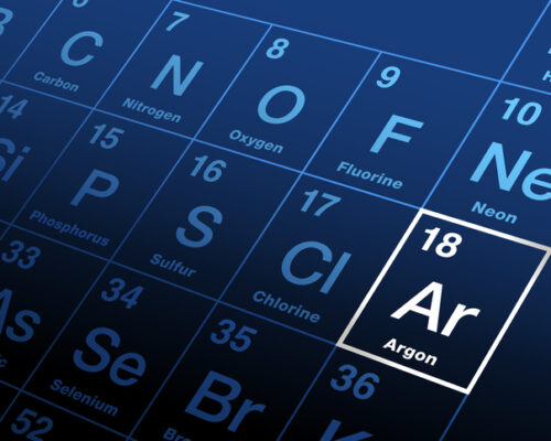 Argon on periodic table of elements. Noble gas, with symbol Ar and atomic number 18, used as inert shielding gas, in incandescent, fluorescent lighting, and gas-discharge tubes with lilac-violet glow.