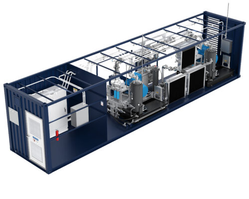 A rendering of a contanerized Bauer gas recovery unit biogas upgrading compressor showing the interior.